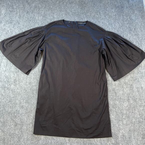 Natori Black Poplin Mini Dress S Balloon Sleeves Sleek Cotton Blend Designer - Picture 2 of 8